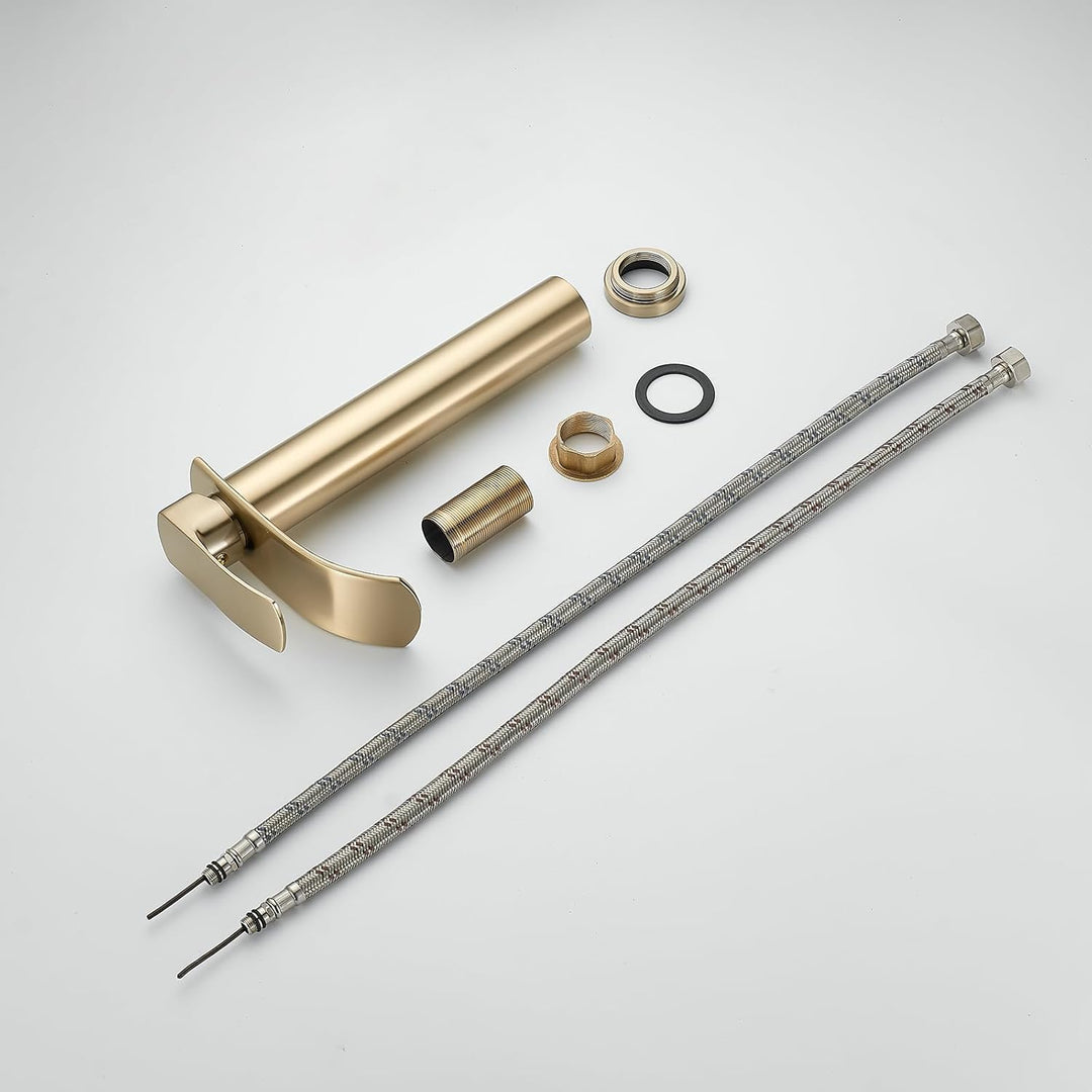 Moderne Wasserfall Küchenarmatur, Hoch Auslauf in gebürstetem Gold, Messing-Körper mit 3/8" Anschlüs