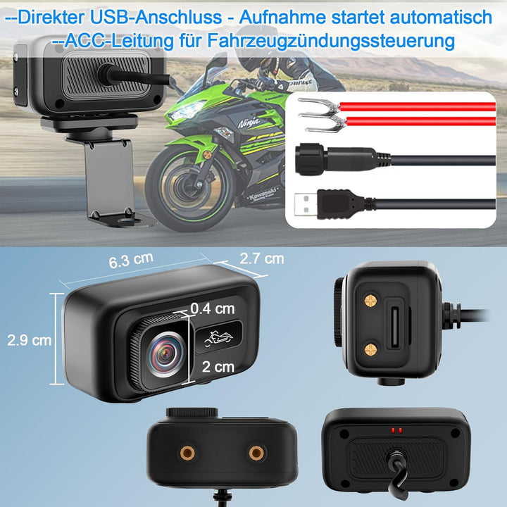 Action Cam Motorrad, 2K & 120° Weitwinkel Motorrad Kamera WLAN, G-Sensor-Kollisionssperre Dashcam Mo
