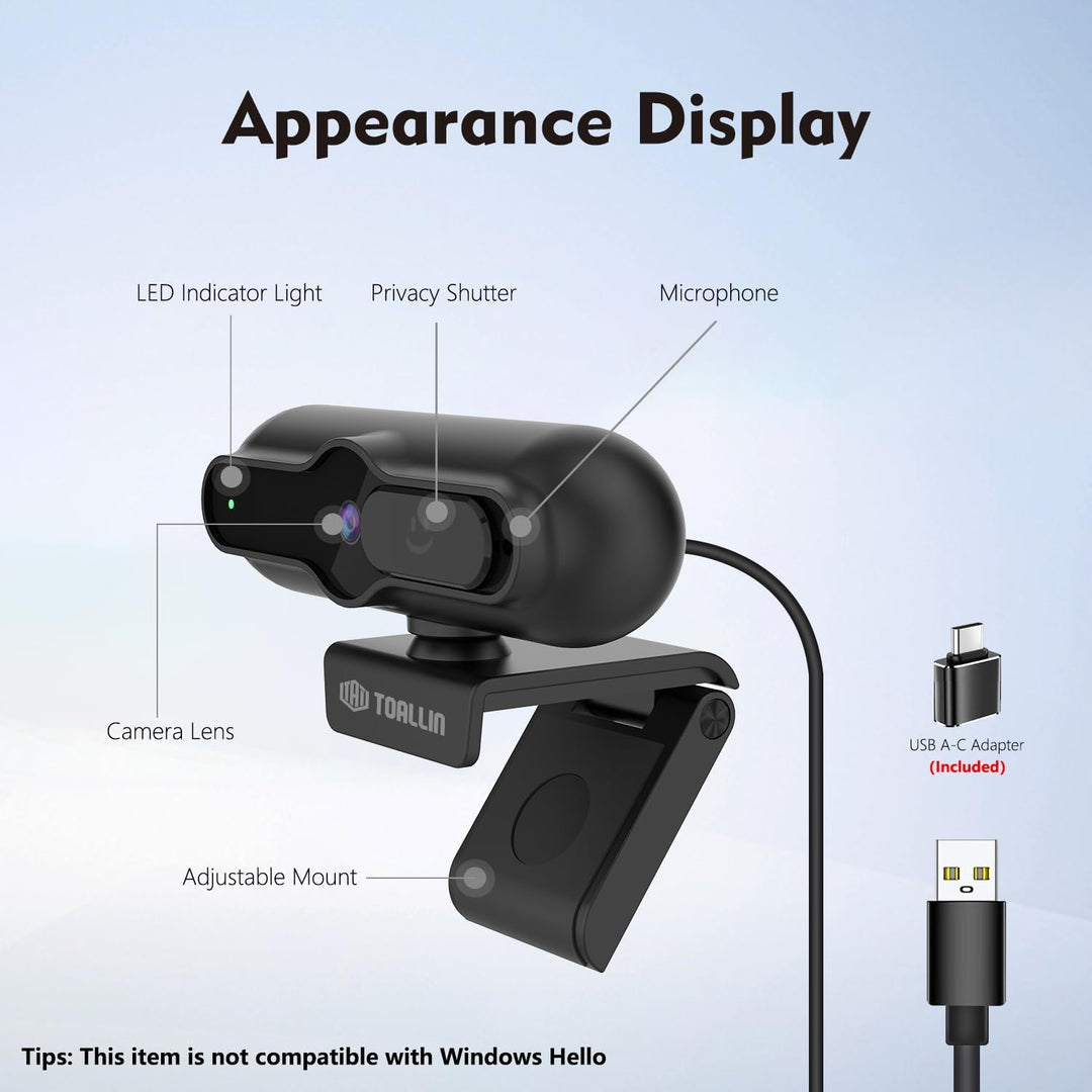 TOALLIN 4K-Webcam für PC, 1080P@60FPS, 1/2,5-Zoll-Sensor, PDAF-Autofokus, integriertes Mikrofon und