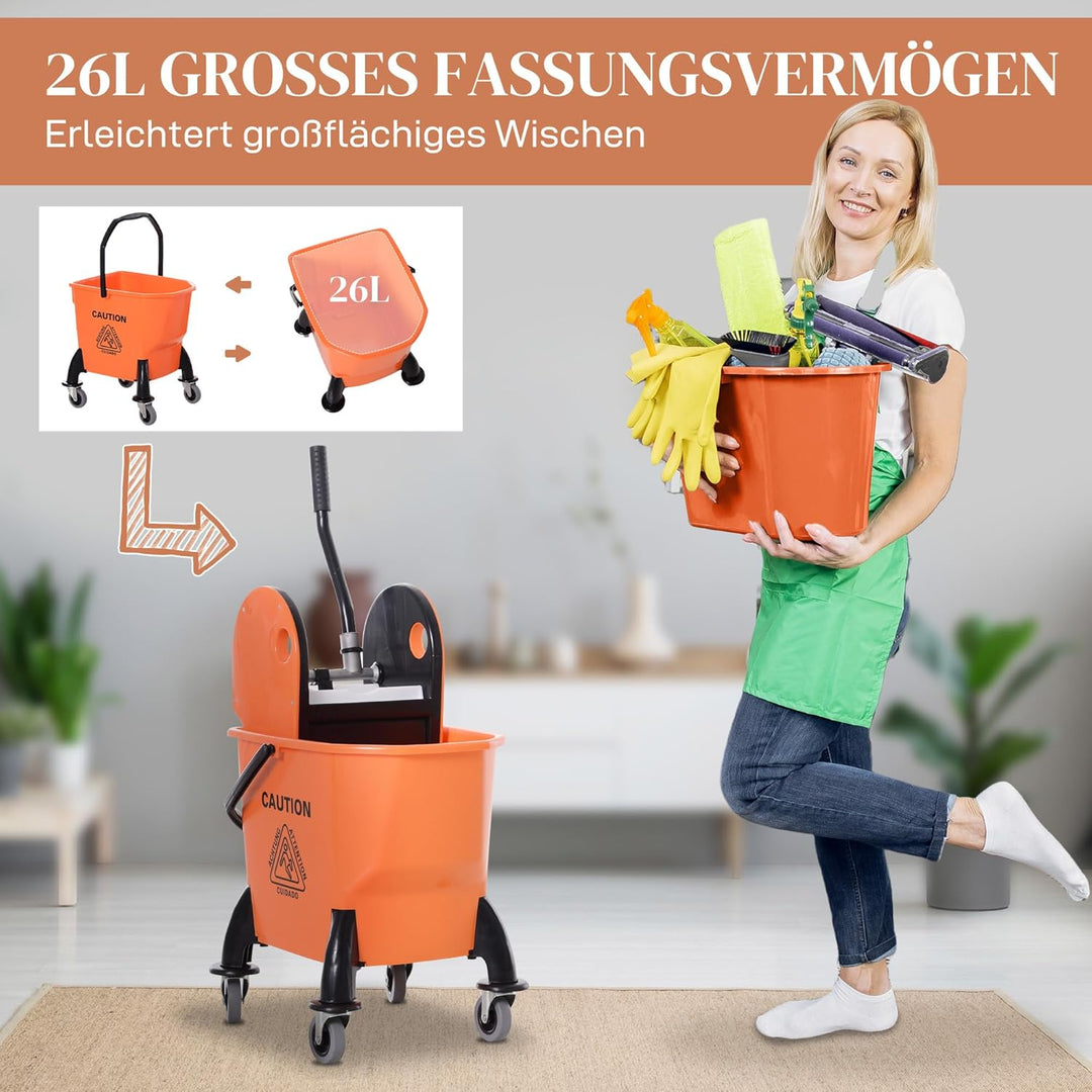 HOMCOM Professionelle Reinigungswagen Kapazität 26L Abnehmbare Wringer mit Rädern 44 × 36 × 90cm Ora