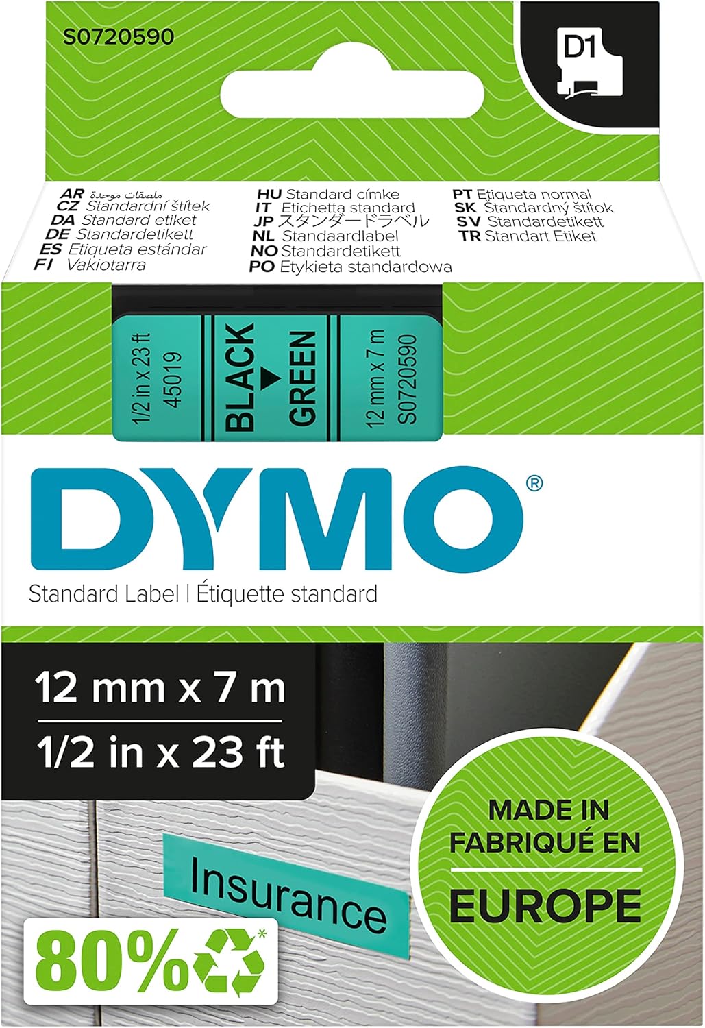 DYMO Original D1-Etikettenband, schwarz auf grün, 12 mm x 7 m, selbstklebendes Schriftband, für Labe