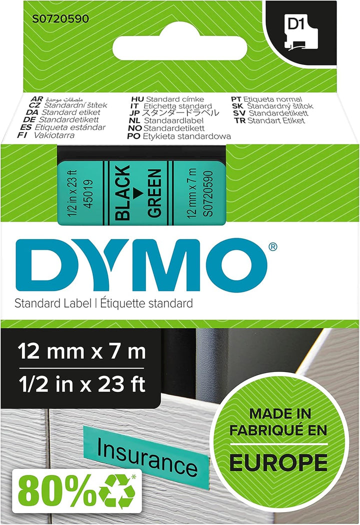DYMO Original D1-Etikettenband, schwarz auf grün, 12 mm x 7 m, selbstklebendes Schriftband, für Labe