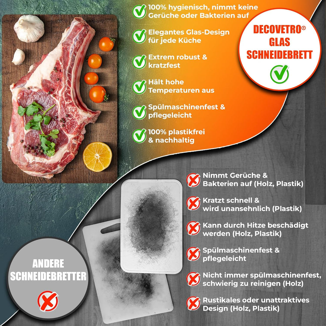 Decovetro® Schneidebrett Glas | 40 x 30 cm | Glass Cutting Board | Hygienisches und robustes Glassch