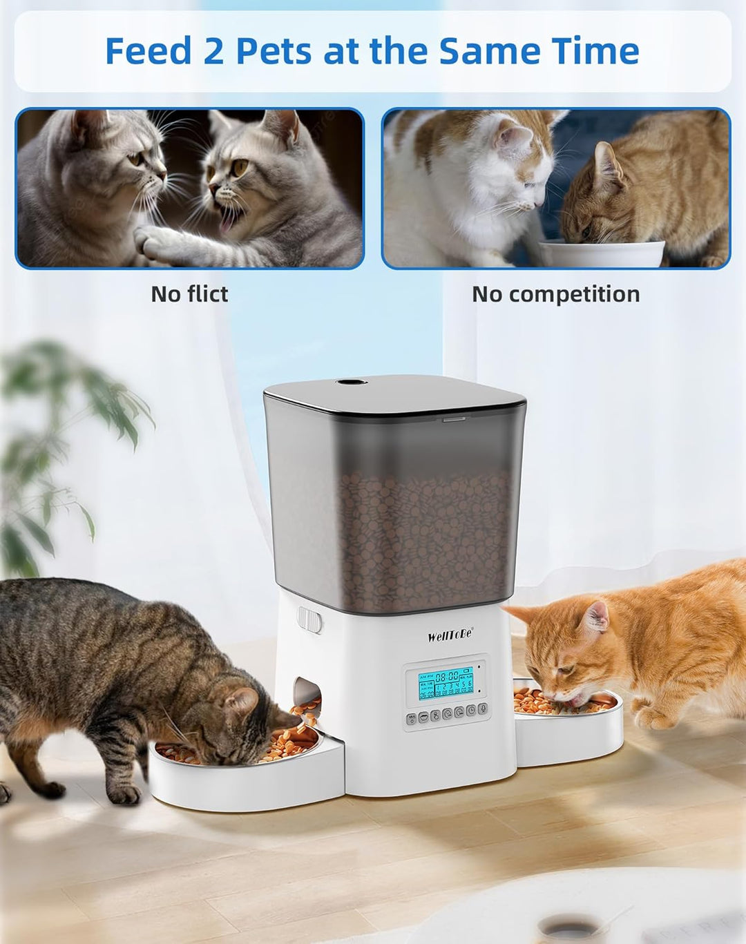 WellToBe Futterautomat für 2 Katzen, Automatischer Futterspender für 2 Haustiere mit Trockenmittelbe