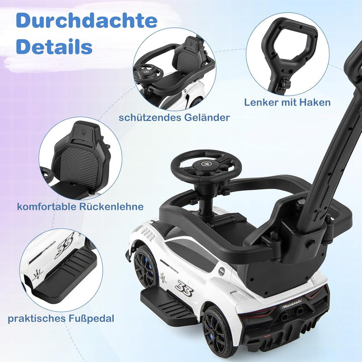 COSTWAY Mazerati Rutschauto, Rutscherfahrzeug mit Schutzbügel & Schiebestange, Schiebauto mit 2 Univ