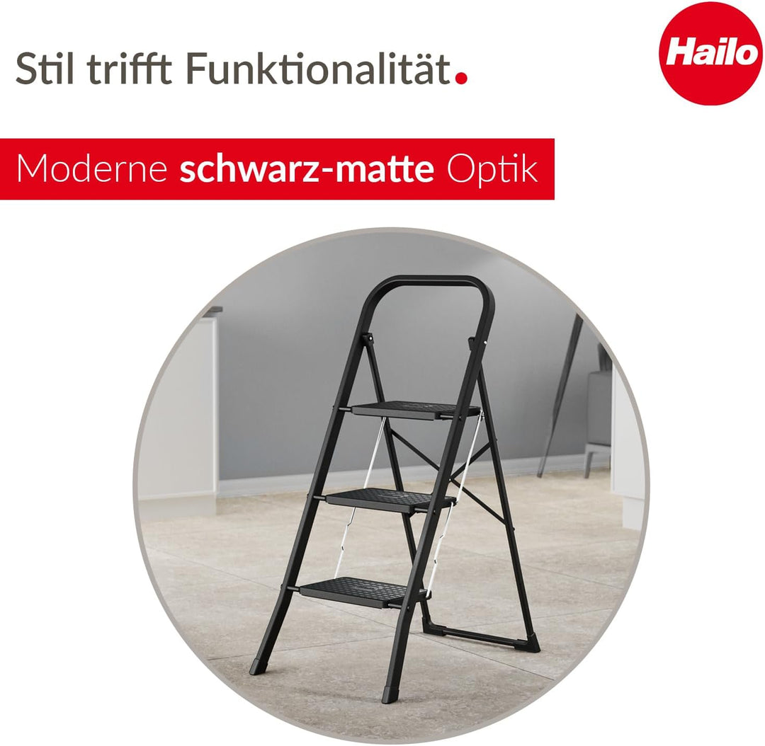 Hailo K44 StandardLine Klapptritt - 3-stufige Trittleiter aus Stahl mit grossen Stufen und Anti-Ruts