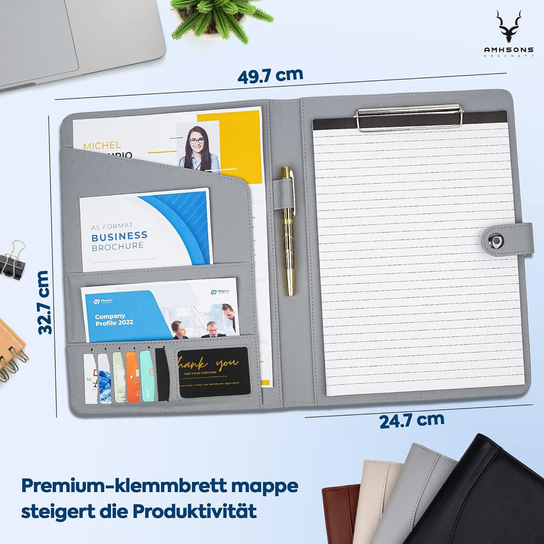 AMKSONS Schreibmappe A4 in Grau inklusive Klemmbrett & DIN A4 Notizblock - Premium Konferenzmappe au