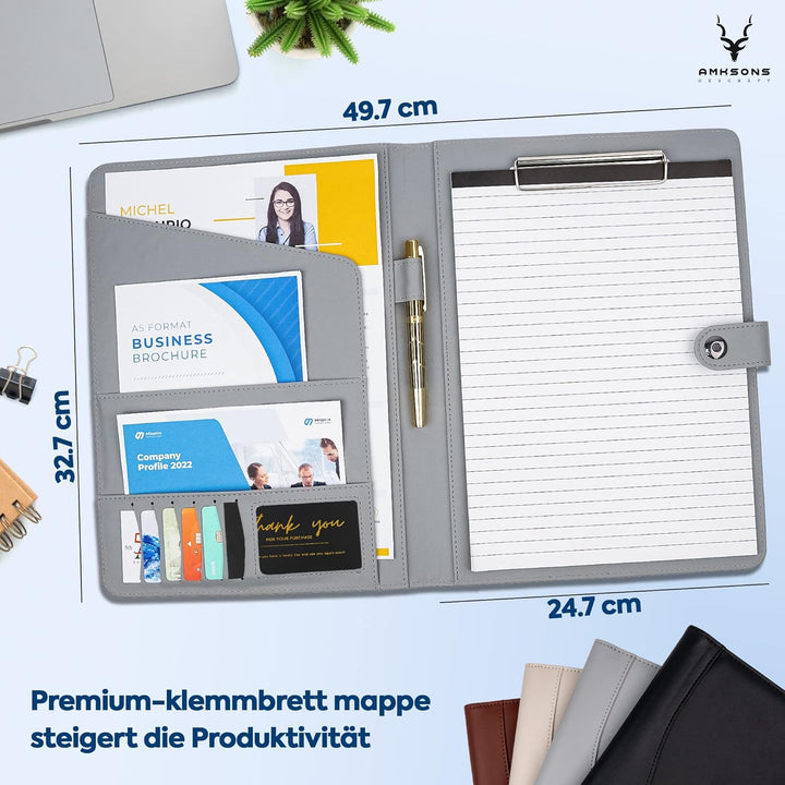 AMKSONS Schreibmappe A4 in Grau inklusive Klemmbrett & DIN A4 Notizblock - Premium Konferenzmappe au