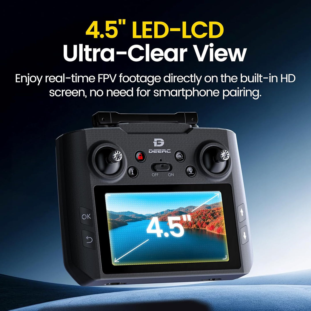 DEERC GPS Drohne mit 4K Kamera, 4,5" FPV Bildschirm, 5GHz HD Übertragung, Bürstenloser Motor, 40 Min