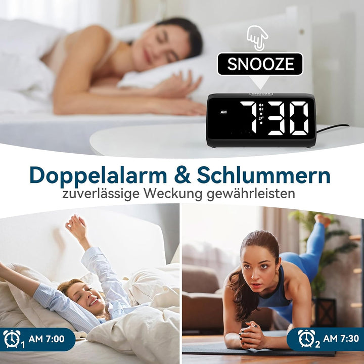 Netzu Lauter Wecker für Tiefschläfer, Digitalwecker mit LED Display, Doppelalarm, 5 Helligkeitsdimme
