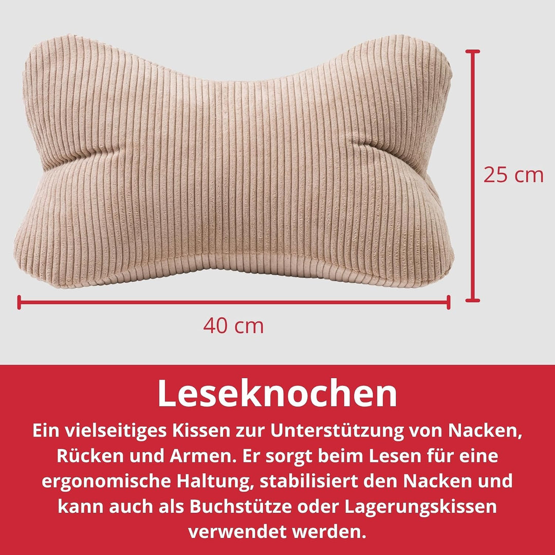 liebling Cord Lesekissen für Bett und Sofa, Bücherkissen, Lesehilfe, 40x25 cm, Leseknochen, Serie Ve