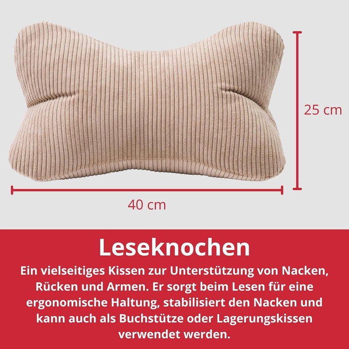liebling Cord Lesekissen für Bett und Sofa, Bücherkissen, Lesehilfe, 40x25 cm, Leseknochen, Serie Ve