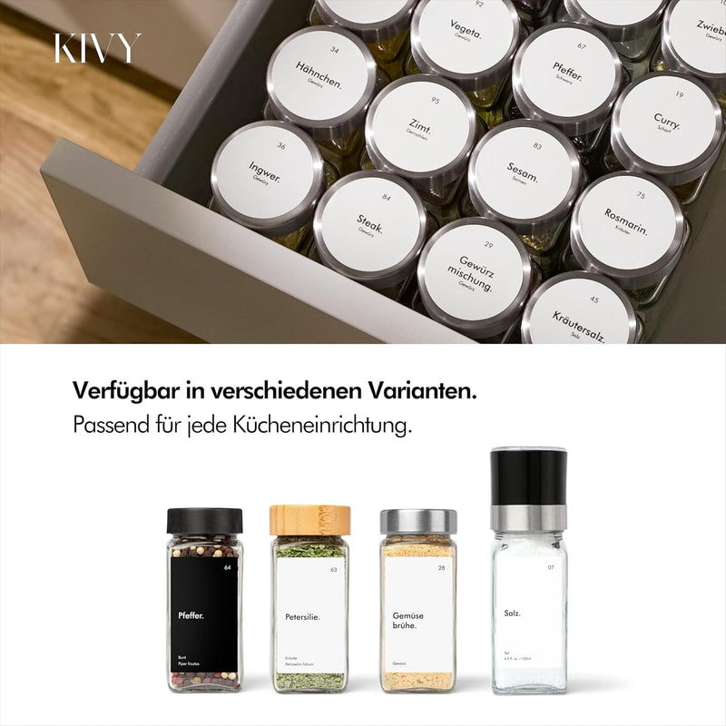 KIVY Gewürzgläser mit Streueinsatz [24x 120ml] + 240 Wasserfeste Label - Gewürzgläser eckig - Gewürz