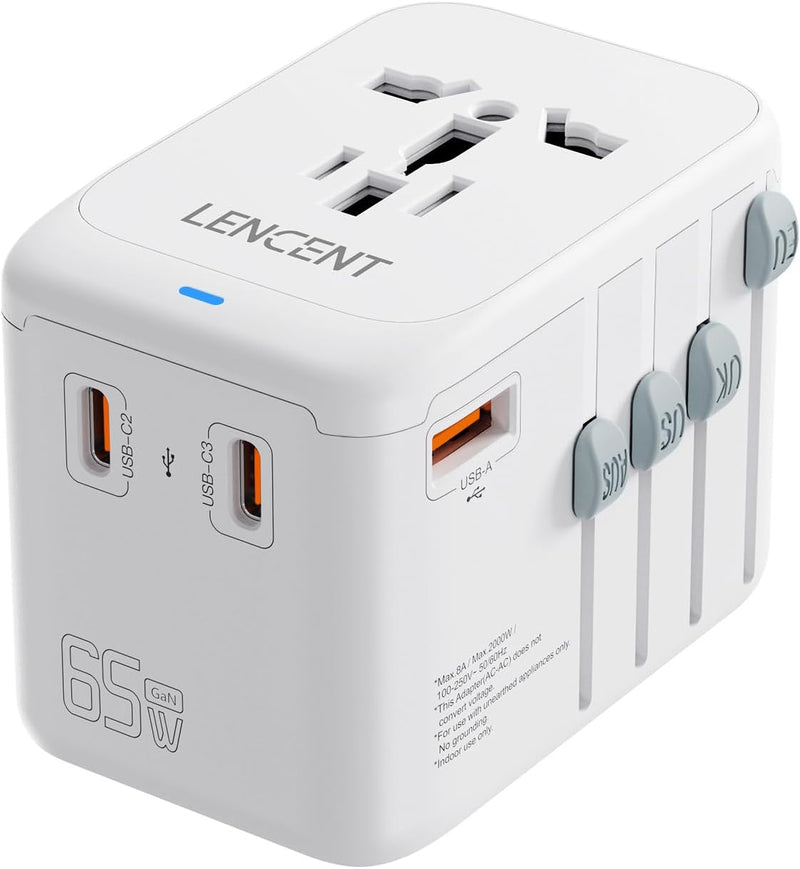 LENCENT Internationaler Reiseadapter,GaN III 65W Universal Reisestecker mit 1 USB-A & 3 USB-C PD Sch