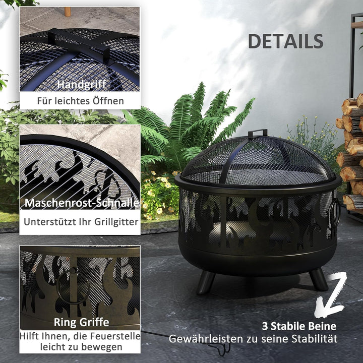 Outsunny 2-in-1 Feuerschale Feuerkorb Feuerstelle mit Funkenschutz Grillrost für Garten BBQ Metall S