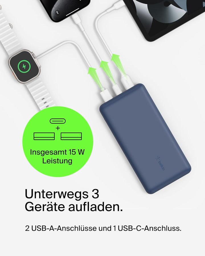 Belkin tragbares USB-C-Ladegerät, 20.000 mAh, 20K Powerbank mit USB-C-Ein-/Ausgang und 2 USB-A-Ansch