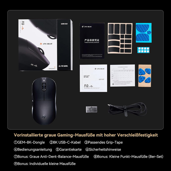 ATK Dragonfly A9 Air kabellose Gaming-Maus, PAW3950 Ultra-Sensor, DPI bis zu 42.000, 47 g leicht, 8K