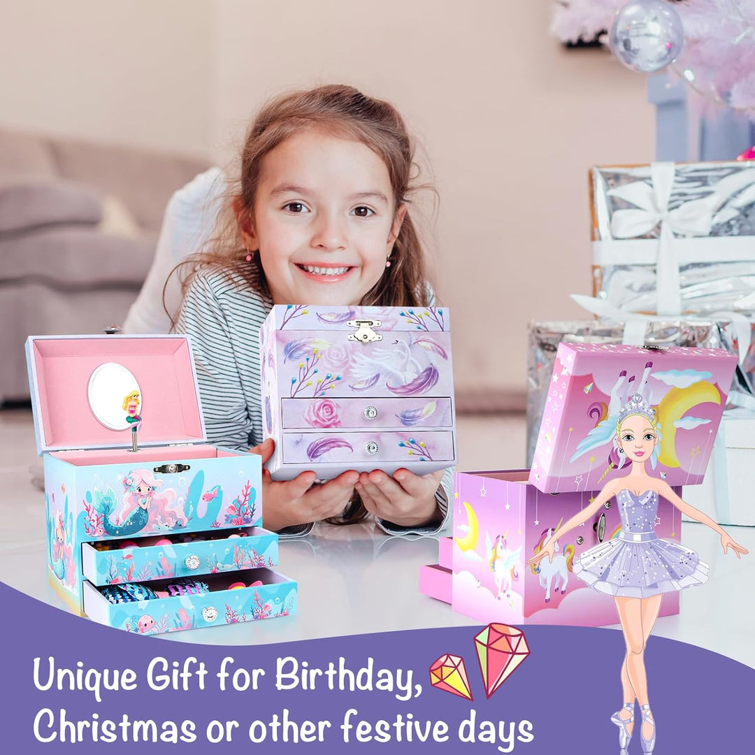 Ballerina Schmuckkästchen für Mädchen, Kinder Spieluhr mit drehender Ballerina, 2 Schubladen und Ein