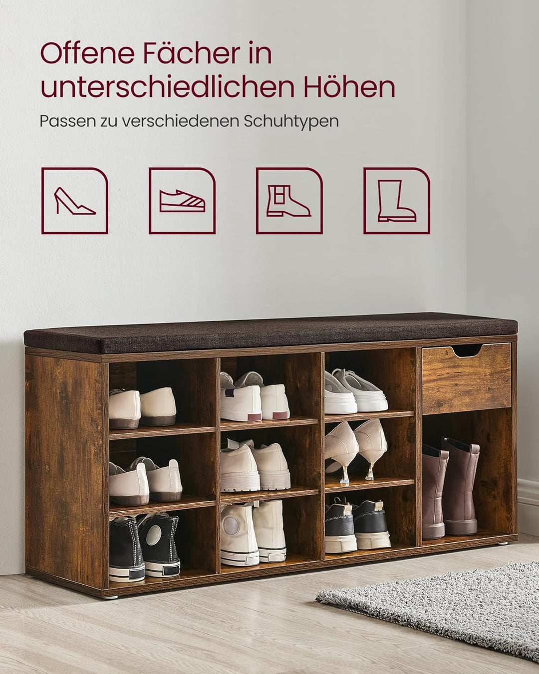 VASAGLE Schuhbank, Schuhregal mit Schublade und offenen Fächern, Sitzbank, gepolsterter Sitz, Flur,