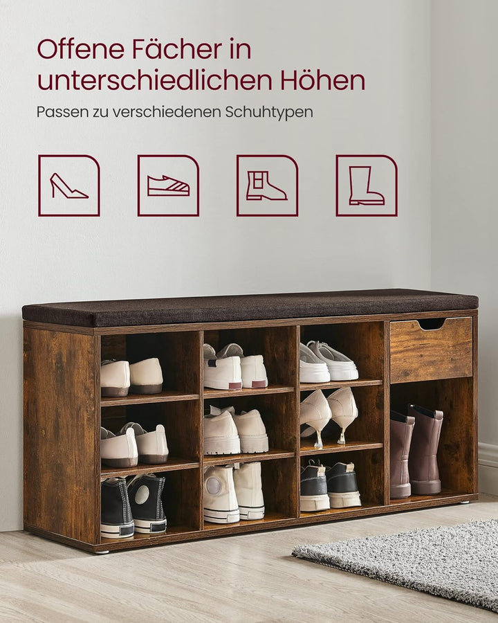 VASAGLE Schuhbank, Schuhregal mit Schublade und offenen Fächern, Sitzbank, gepolsterter Sitz, Flur,