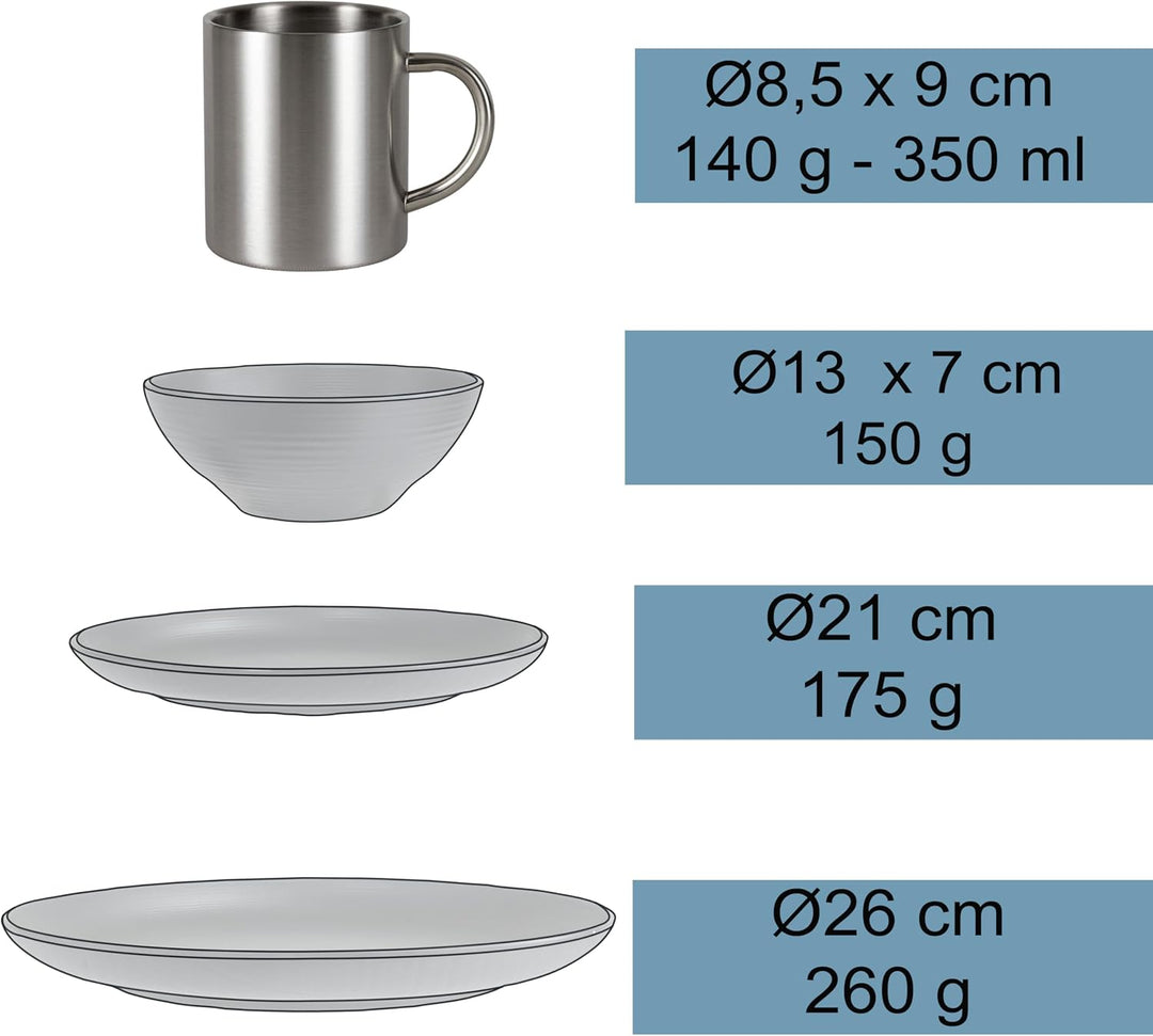 Melamin Geschirr Set Blau Edelstahl Thermo Tassen Tonoptik Picknick Camping 6 Personen - Edelstahlta