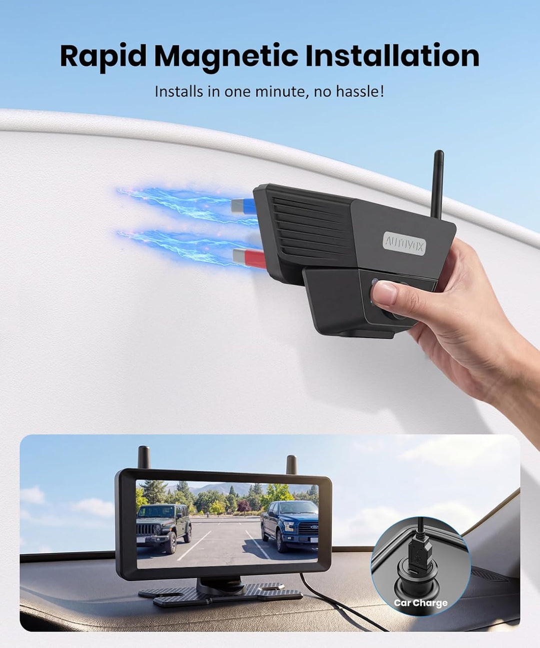 AUTO-VOX 2 Solar Magnetische Kabellose Rückfahrkamera-Set, 7,2 Zoll | Rück- & Seitenansicht, Auto- &
