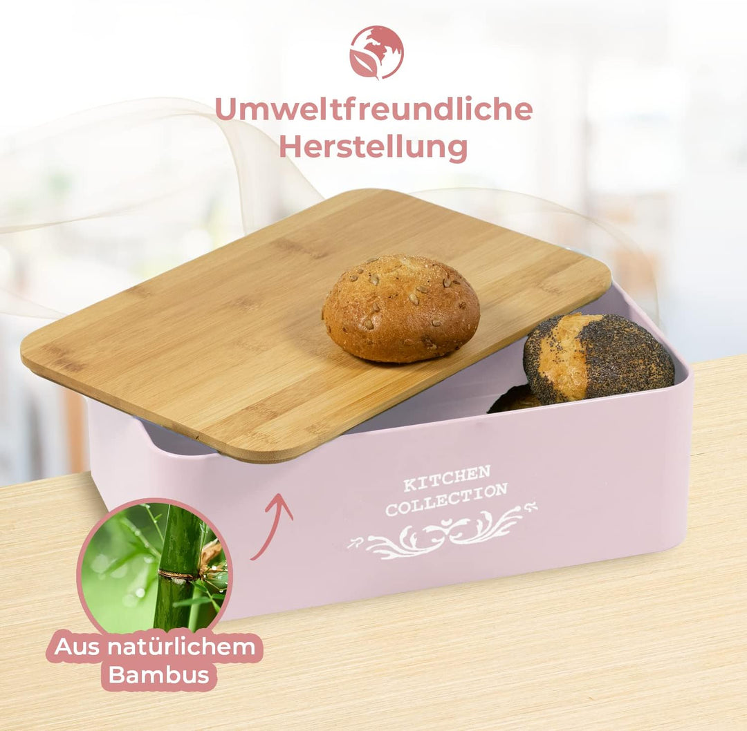 DRULINE Brotkasten mit Bambusdeckel - Brotaufbewahrung - Brotbox mit Schneidebrett - Brotkasten rosa