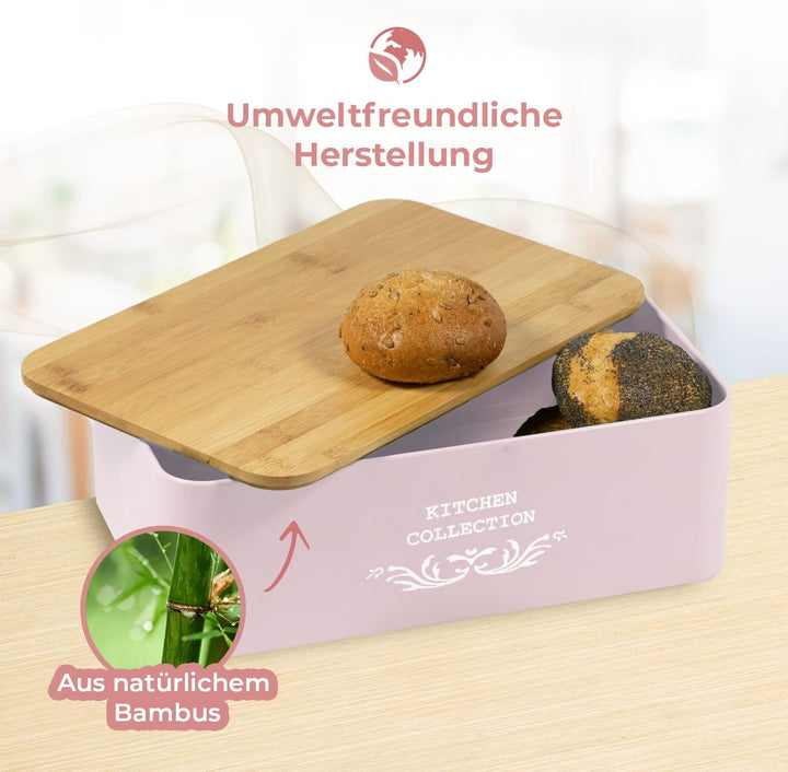 DRULINE Brotkasten mit Bambusdeckel - Brotaufbewahrung - Brotbox mit Schneidebrett - Brotkasten rosa