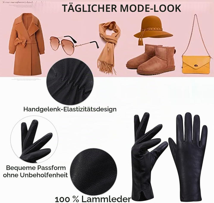 MGGM collection Damen Lederhandschuhe Touchscreen Kaschmir gefüttert S Schwarz(Thouchscreen), S Schw