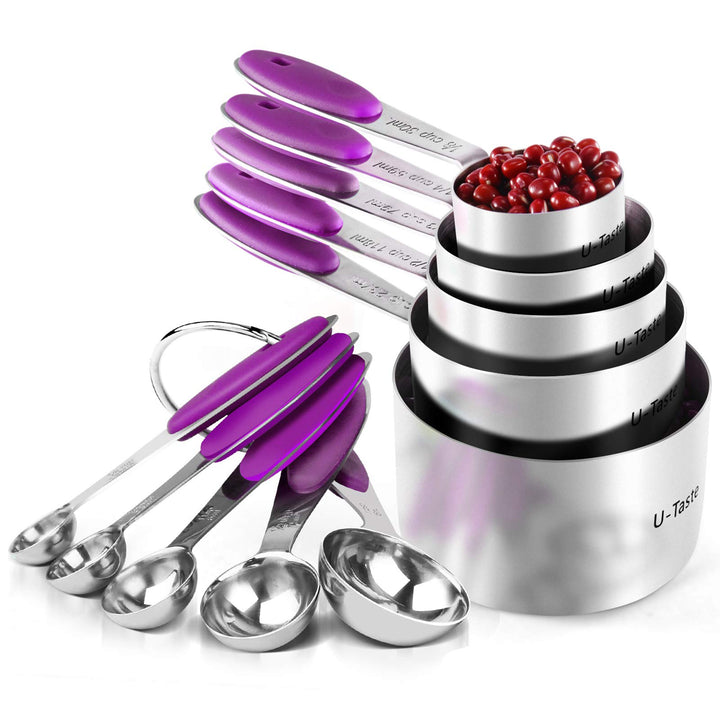 U-Taste Messbecher 18/8 Edelstahl Messbecher und Messlöffel Set mit 10 Stück, Griff mit Verbesserter