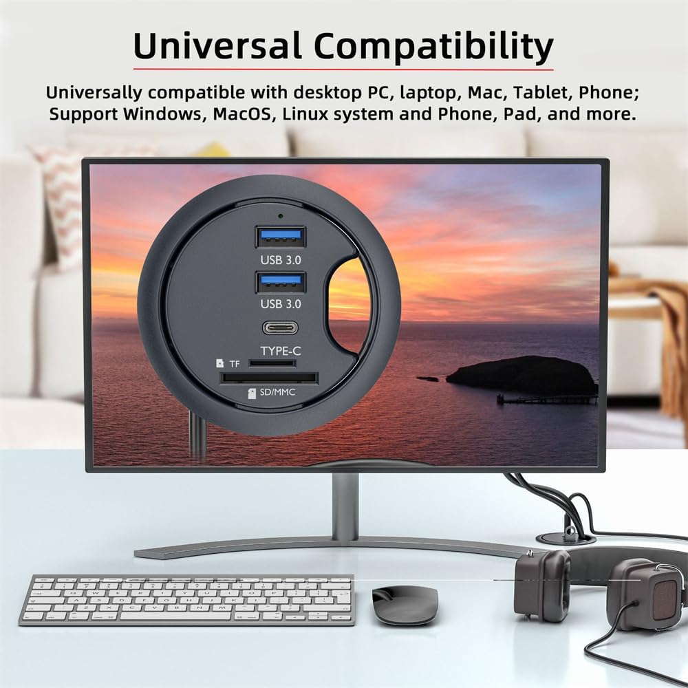 USB 3.0 Hub SD TF USB-C 2 Port USB 60 mm Schreibtisch Tülle Splitter Dockstation Micro-SD Kartenlese