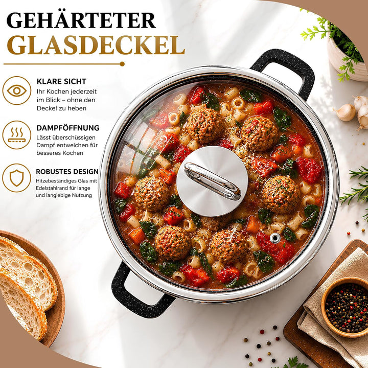 GOLDMANN Premium Gussaluminium Kochtopf 20 cm (2,3 L) – Keramik-Marmor Antihaft-Kasserolle mit Glasd