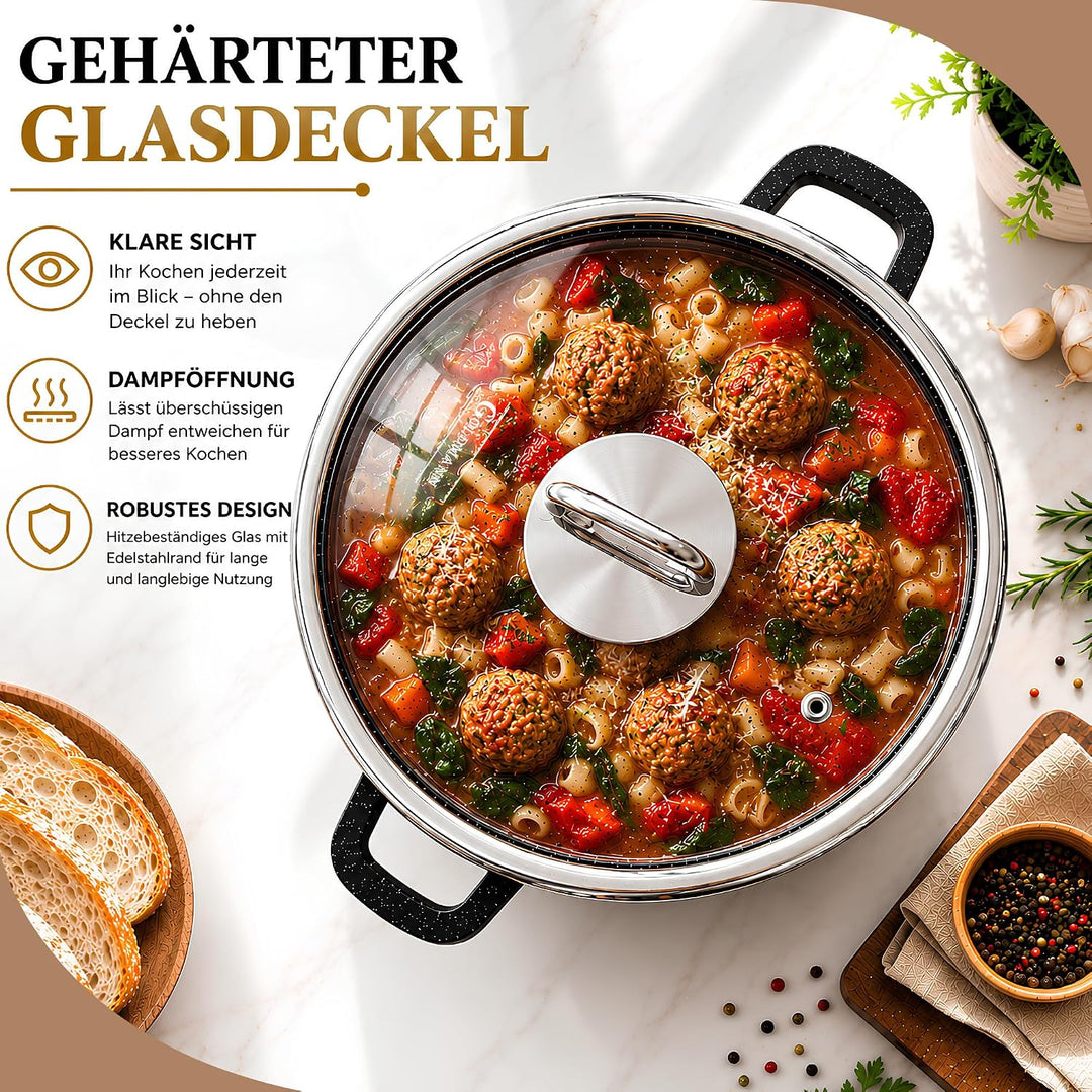 GOLDMANN Premium Gussaluminium Kochtopf 22 CM – 3L – Keramik-Marmor Antihaft-Kasserolle mit Glasdeck