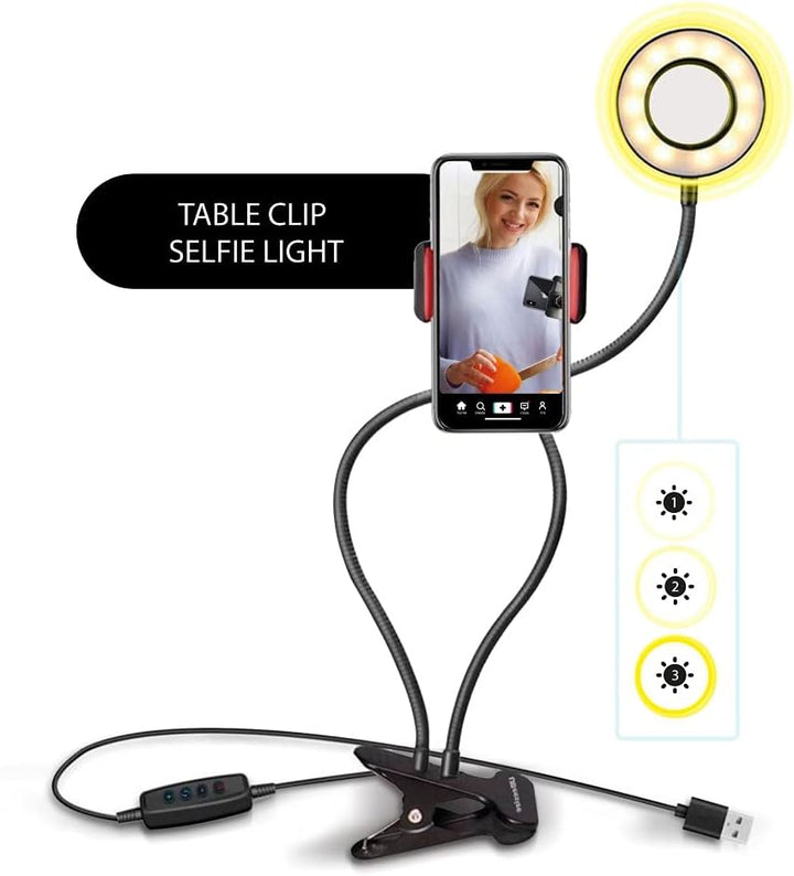 Silvergear Selfie Ringlicht mit Handyhalterung und Befestigungsklammer, LED, Dimmbar, 3 Farben, 10 H