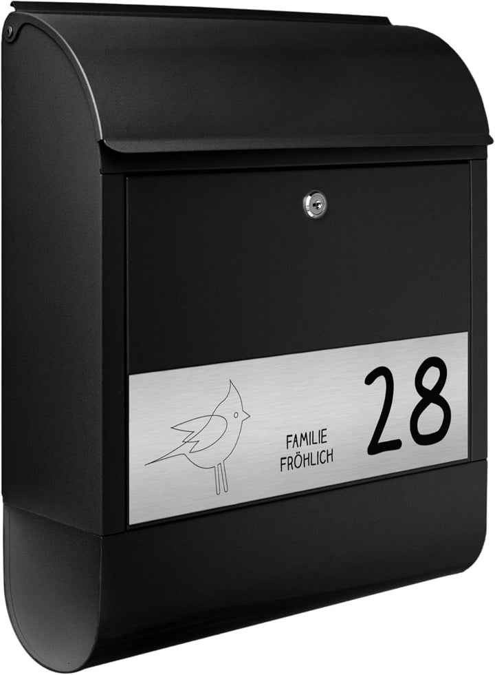 banjado® Briefkasten personalisiert mit graviertem Namensschild in Silber/Briefkasten schwarz 39x47x