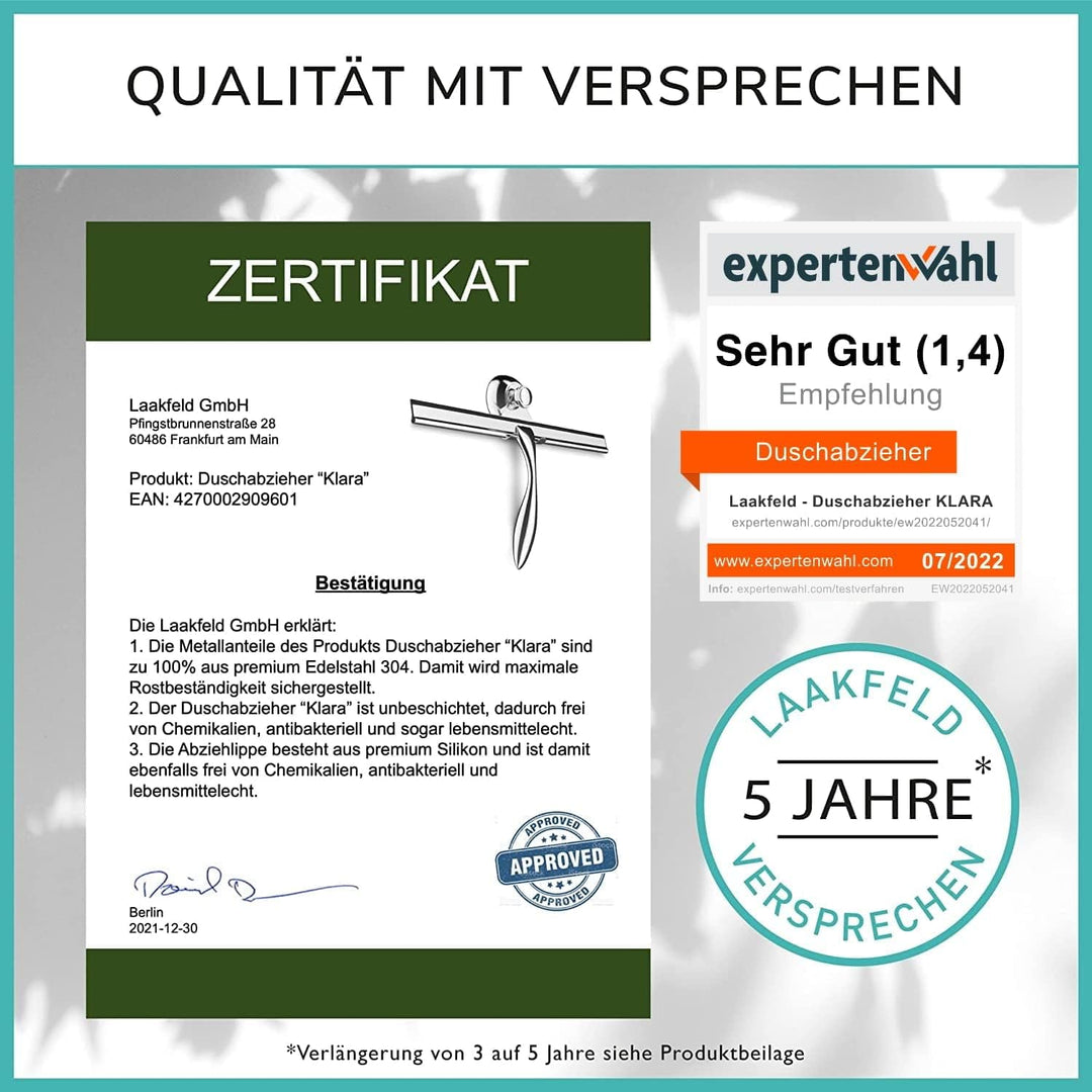 Extra breiter Duschabzieher 30,5 cm aus Edelstahl mit Silikonrand - Edelstahl Duschabzieher inkl. Sa