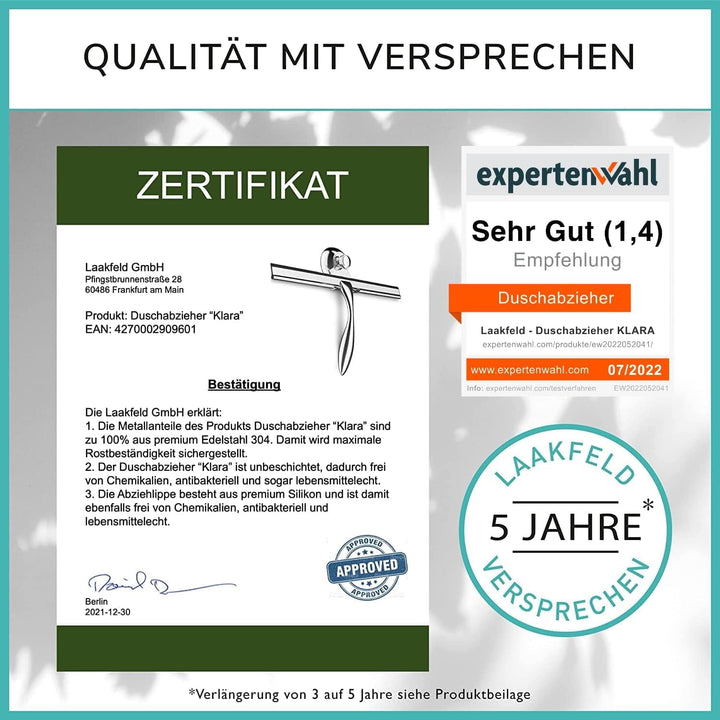 Extra breiter Duschabzieher 30,5 cm aus Edelstahl mit Silikonrand - Edelstahl Duschabzieher inkl. Sa