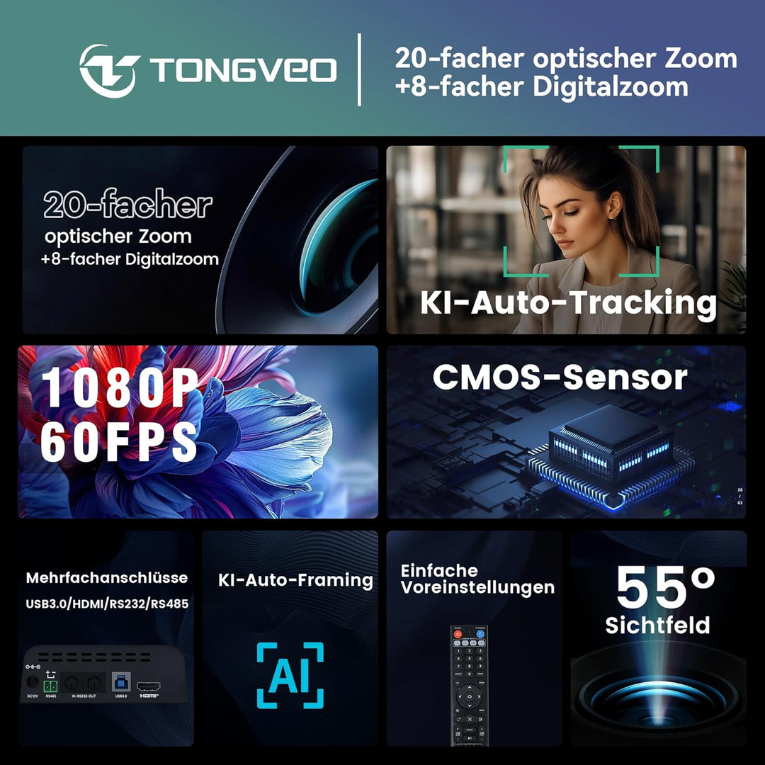 TONGVEO HDMI PTZ-Kamera 20X Optischer Zoom, Kirche Live-Streaming USB 1080P 60fps Kamera für Gottesd