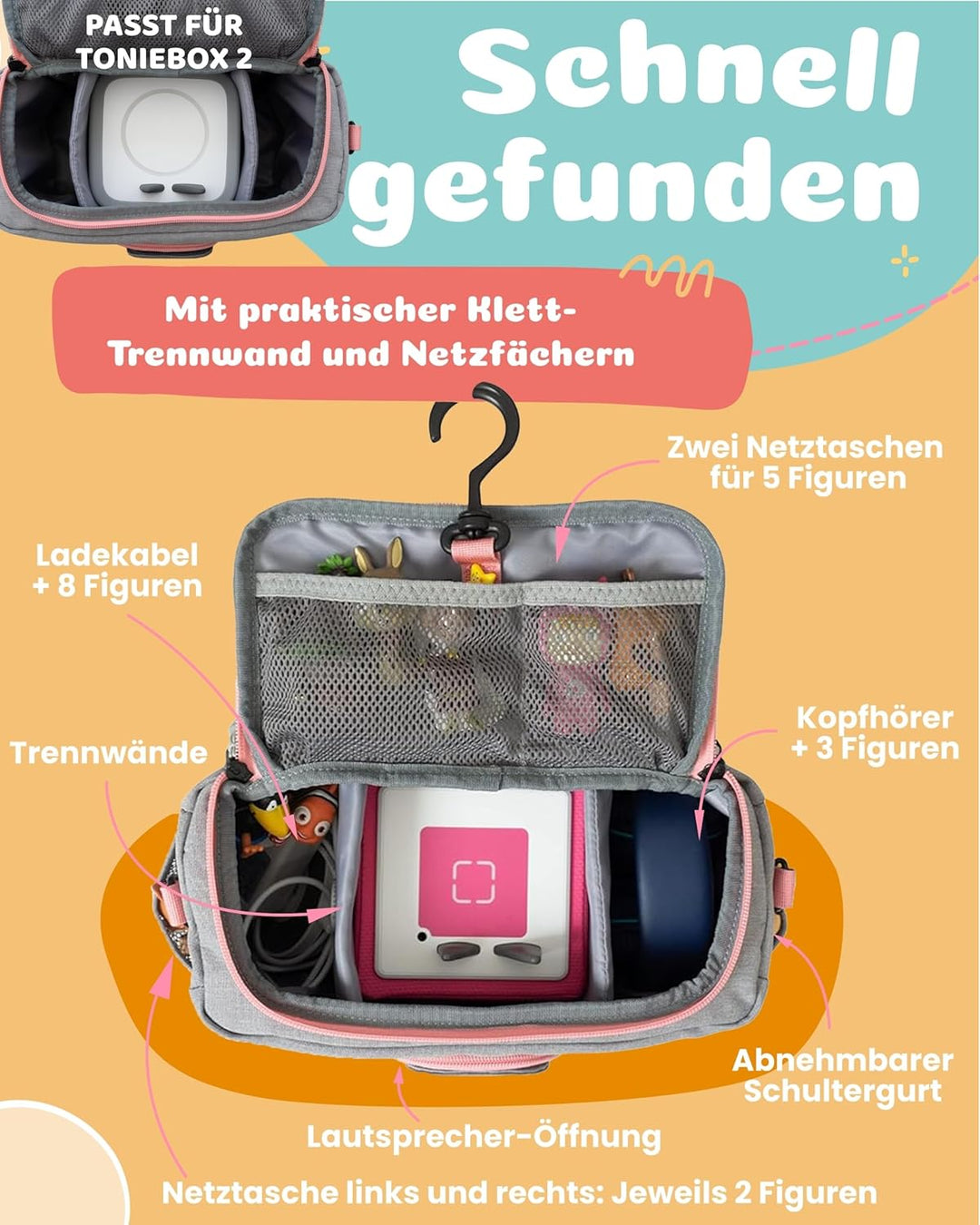 JP Journey Tasche für Toniebox Mädchen - für Figuren und Box im Auto und für die Reise (Grau-Rosa Re