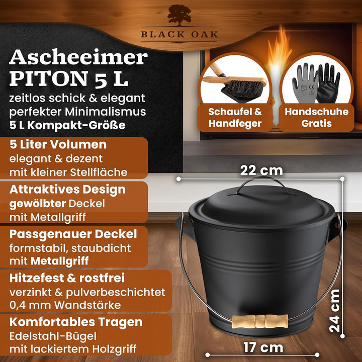 BLACK OAK Ascheeimer PITON 5L - schwarz mit Deckel mit Holz-Griff + Feger + Schaufel & Handschuhen -