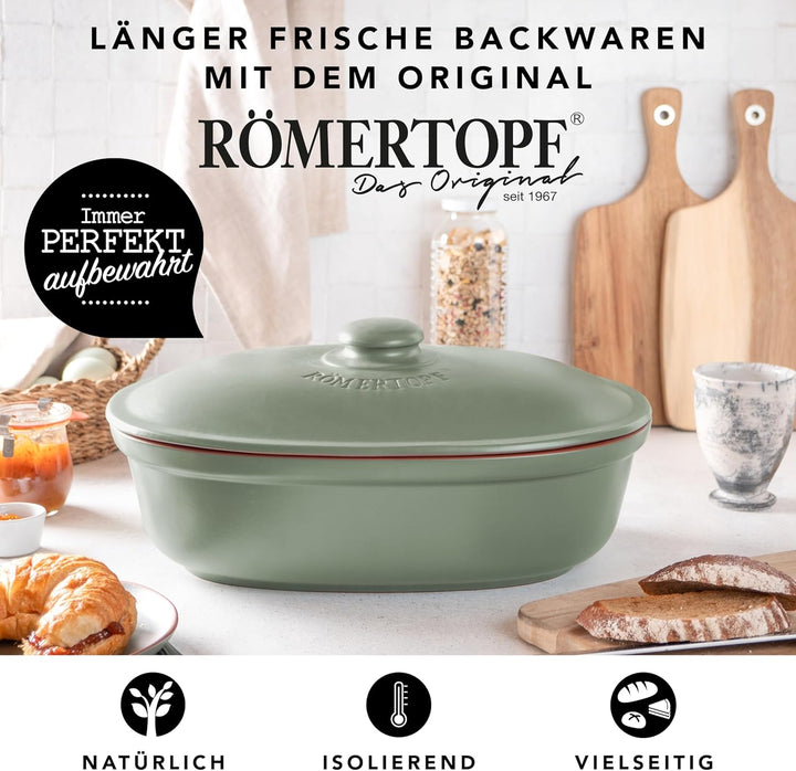 Römertopf Brottopf oval MAXI 6,5 Liter - Brotkasten Grün aus Keramik - Atmungsaktiver Tontopf für la