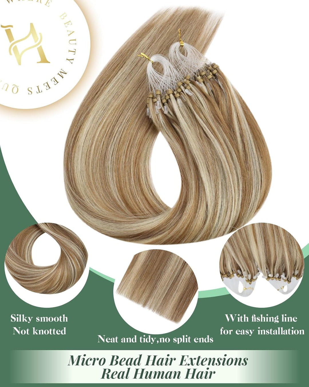 Ugeat Echthaar Extensions Microring 55cm Remy Echthaar Extensions Bondings P10/613 Hellbraun Highlig