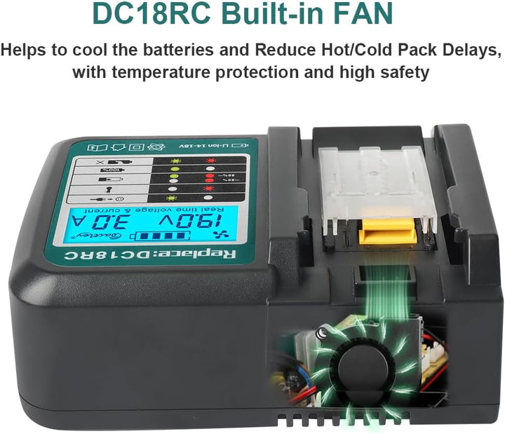DC18RC 18V Schnellladegerät Kompatibel mit Makita 14,4 V-18 V Ersatzakku mit LCD-Anzeige BL1830B BL1