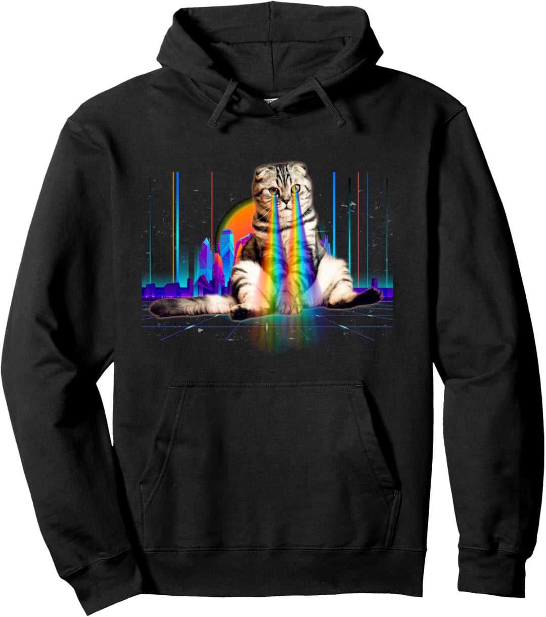 Psychedelische Vaporwave Katze mit Regenbogen Lasern Pullover Hoodie