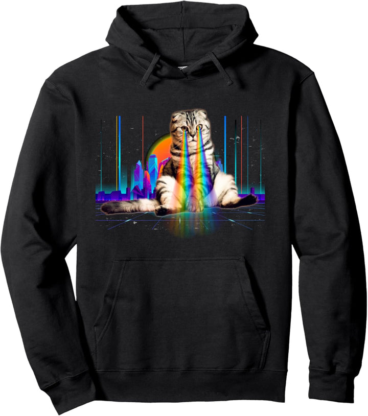 Psychedelische Vaporwave Katze mit Regenbogen Lasern Pullover Hoodie