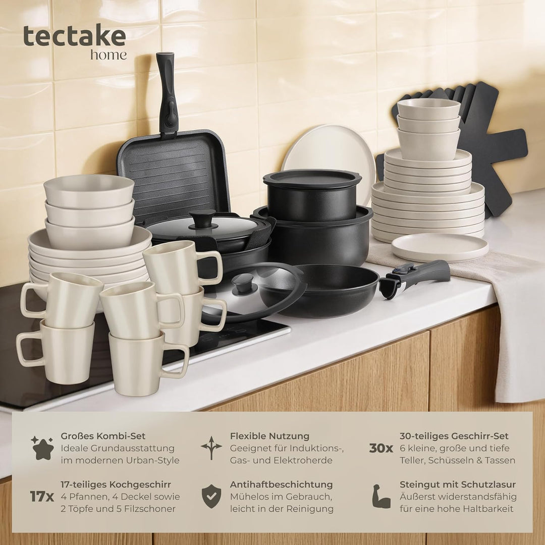 tectake® 47-tlg. Küchenstarterset, Steingut Geschirrset 6 Personen, Tassen, Teller Set, 2x Kochtopf,