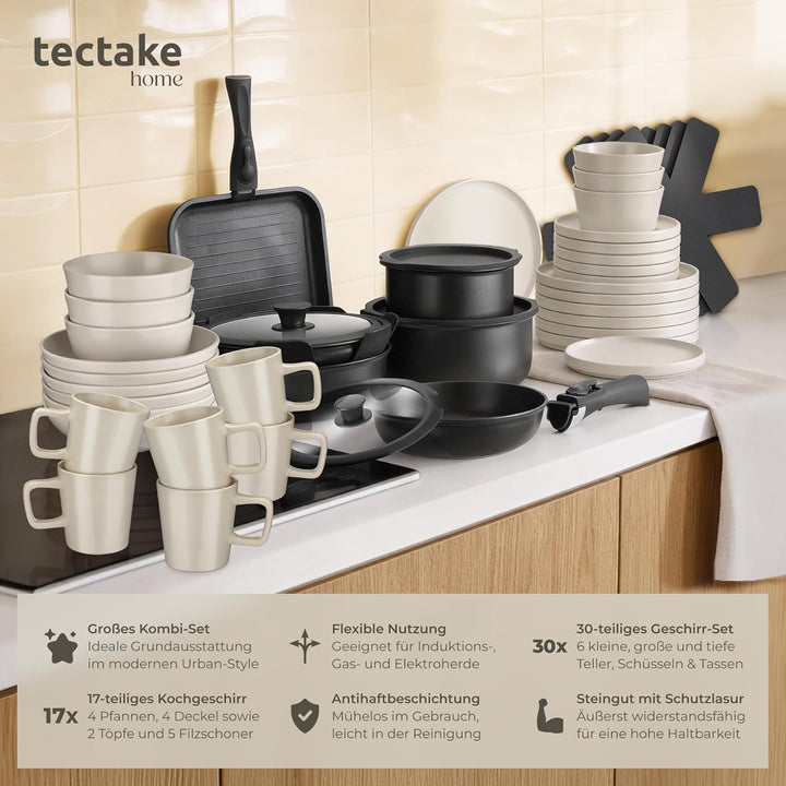 tectake® 47-tlg. Küchenstarterset, Steingut Geschirrset 6 Personen, Tassen, Teller Set, 2x Kochtopf,