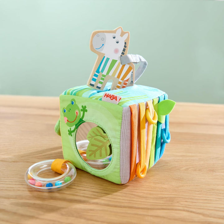 HABA Entdeckerwürfel Zebra – Baby-Sensorik-Würfel mit abnehmbarem Holz-Zebra & Spieleffekten – Babys