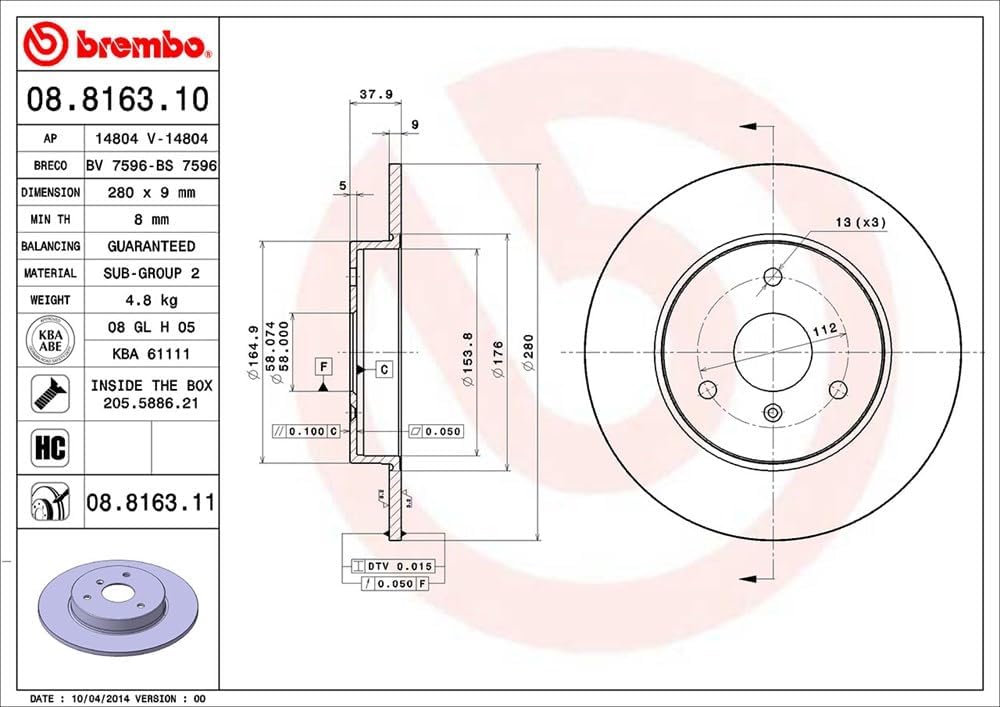 Brembo 08.8163.11 COATED DISC LINE Bremsscheibe - Paar