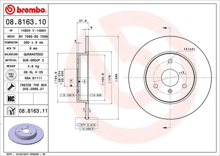 Brembo 08.8163.11 COATED DISC LINE Bremsscheibe - Paar